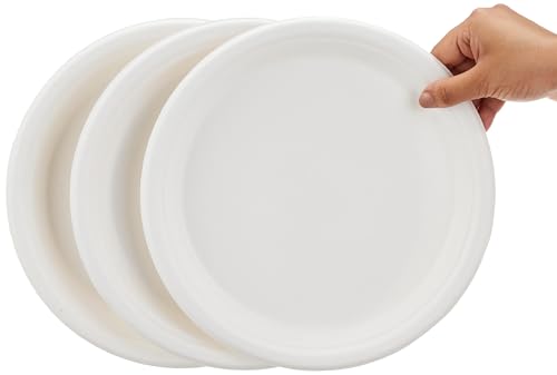 Amazon Basics Bagasse Disposable Round Plates | 10 Inch – Pack of 50 | Biodegradable | Leak-Resistant | Hot & Cold Food Safe | Eco-Friendly | Party, Weddings, Birthdays, Events, Travel Plates