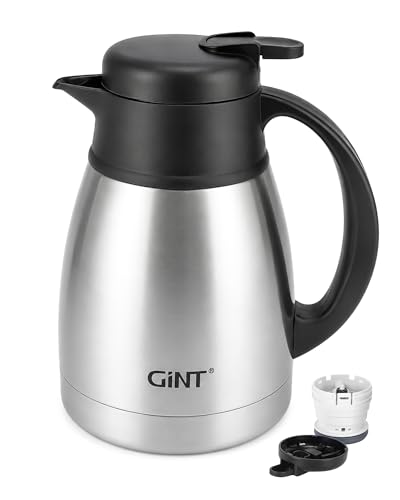 Image of GiNT Insulated Coffee Carafe 34 Oz, Small Stainless Steel Flask for Hot Coffee with Fully Washable Detachable Lid, Portable Thermal Pitcher One-Hand Push Button Tea Dispenser for Travel Camping Office