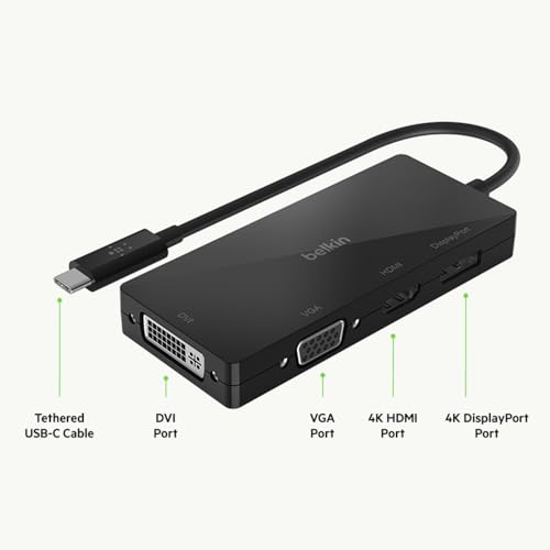 Image of Belkin USB-C Multi Port Display Adapter (with Tethered USB-C Cable) - Connectivity for USB-C to DVI Port, VGA Port, 4K HDMI Port, Compatible with Mac and Windows laptops and Other USB-C Devices