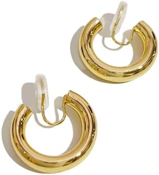 14k Gold Hoop Clip On Earrings for Women - Comfortable Chunky Fake No Piercing Clipon Earrings for Girls, Adjustable Huggie Stylish Simple Non Pierced Clip-On for Teens Gift