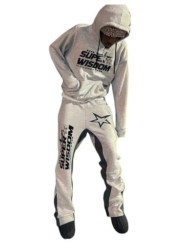 VIPWOLF Men's 2 Piece Sweatsuit Long Sleeve Star Hoodie Pullover and Y2K Stacked Sweatpants Sets Light Grey Large