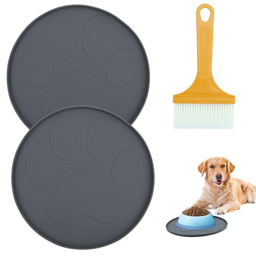 2 pezzi tappetini rotondi per cani, tappetino ciotola cane, tappetino gatto ciotole, grigio, con 1 spazzola per la pulizia, per la pulizia per cani, cibo, acqua, pavimento, tavolo