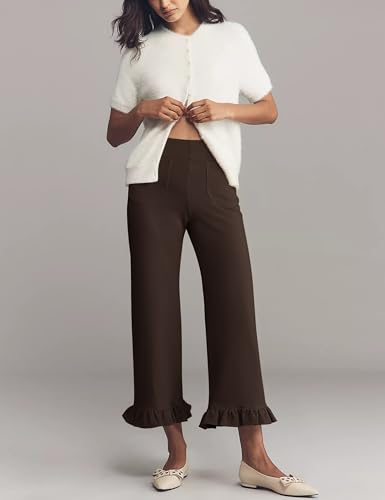 Women's Ruffle Knit Wide Leg Pants 2025 Fall Fashion Casual High Waist Cropped Hem Loose Fit Trousers with Pockets2