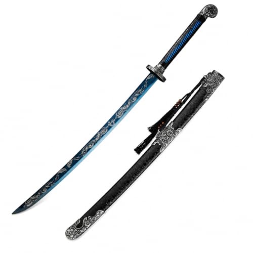 GDTDX Samurai Katana - Handgeschmiedet aus Federstahl 102cm mit 32cm Langgriff & Massivholz-Saya - Für Sammler (Klinge ungeschliffen)