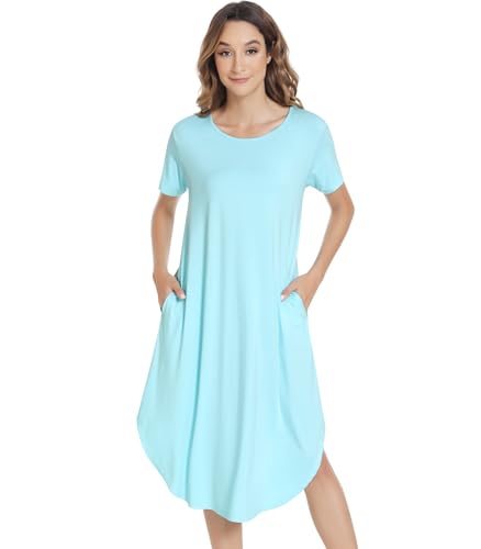 Image of NACHILA Nightgowns for Women-Viscose Made from Bamboo, Short Sleeve Nightshirts Cool Sleep Dress Long Sleep Shirt