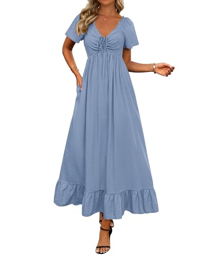 BTFBM Womens Summer Dresses 2025 Casual Short Sleeve V Neck Drawstring Wedding Guest Maxi Dresses Boho Beach Long Dress (Blue,Large)