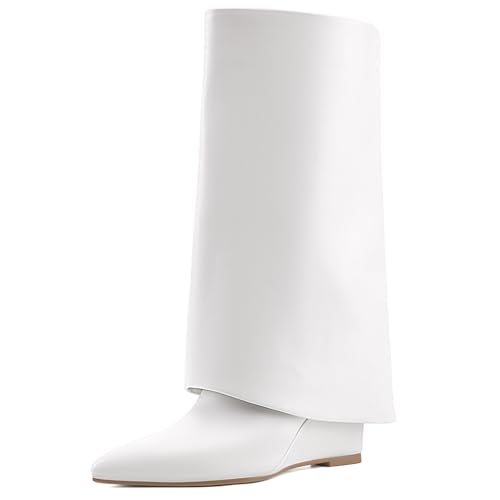JilTrdWei Women's Foldable Over-the-Knee Boots Wedge Heel Slouchy High Boots Pointed-Toe Dress High Boots-white-7.5