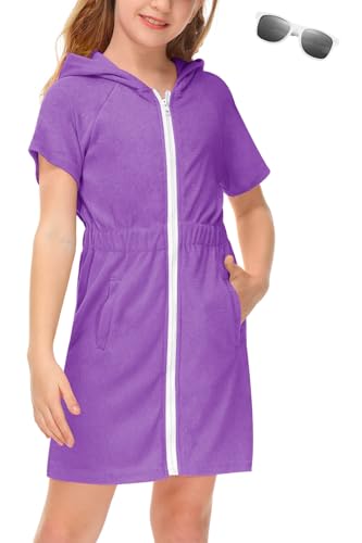 Image of BesserBay Girls Swim Cover Up Beach Bathing Suit Coverups for Swimwear Zip-Up Terry Cloth Robes with Sunglasses 6-14 Years