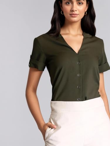 Image of FableStreet Women Formal Top | Asymmetrical Button Placket Band Collar Three-Quarter Sleeves | Pure Cotton Smooth Fabric for Office & Workwear