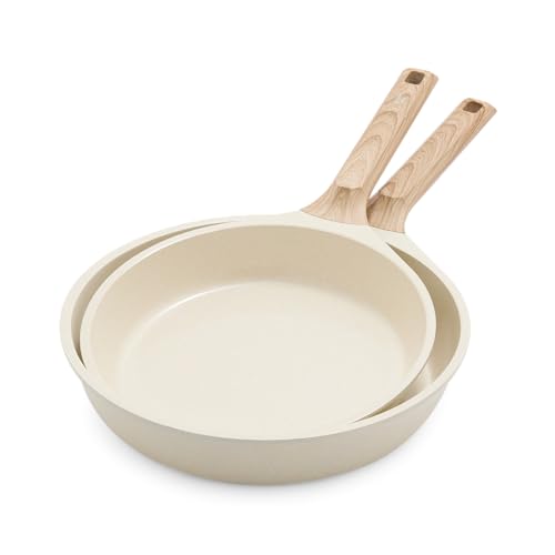 GreenChef Arte Lot de 2 poêles antiadhésives en céramique sans PFAS avec manche en bois Crème 24 cm et 28 cm