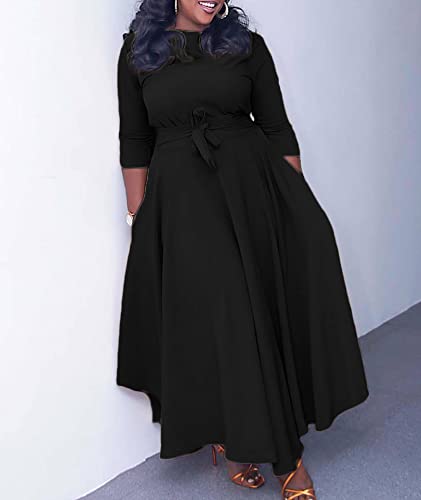 Image of SOMTHRON Women's Casual 3 /4 Sleeve Long Maxi Dress A-Line Flared Solid Wrap Tie Waist Swing Dresses