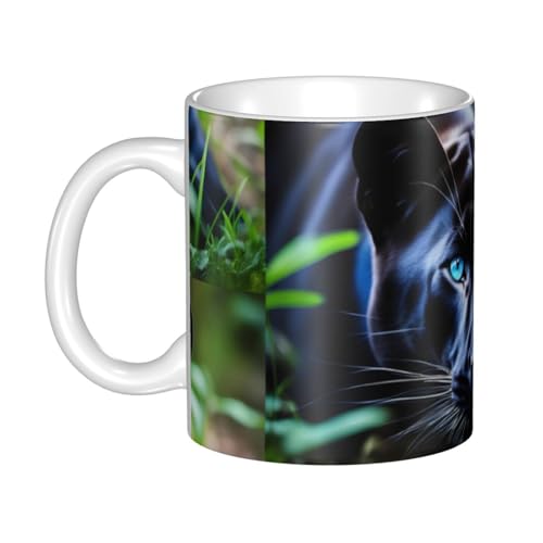 WHJDPP Taza de cerámica con estampado de pantera con ojos azules para capuchino, latte, cereales, yogur, leche, bebidas calientes o frías, horno de microondas