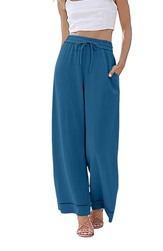 Image of KICZOY Women Flowy Pants Drawstring Waist Wide Leg Palazzo Beach Pants Loose Fit with Pockets