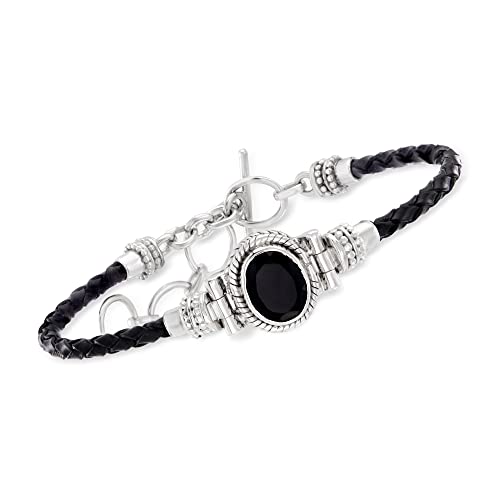Ross-Simons Black Onyx and Black Leather Toggle Bracelet in Sterling Silver. 7 inches