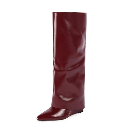 Modatope Burgundy Slouchy Fold Over Knee High Boots for Women 2025 Pointed Wedge Heeled Fall Tall Boots Shark Long Boots Y2K Size 7.5