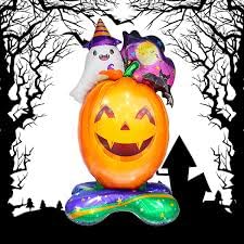 Image of AMFIN (Pack of 1) Self-Standing Halloween Ghost Pumpkin Foil Balloon with Base - 47 Inch Giant Inflatable Pumpkin Balloon with Ghost & Haunted House - Multicolour