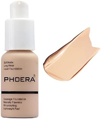 PHOERA Foundation, Flawless Soft Matte Liquid Foundation 24 HR Oil Control Concealer Foundation Makeup. (1 Pcs-102- Nude)