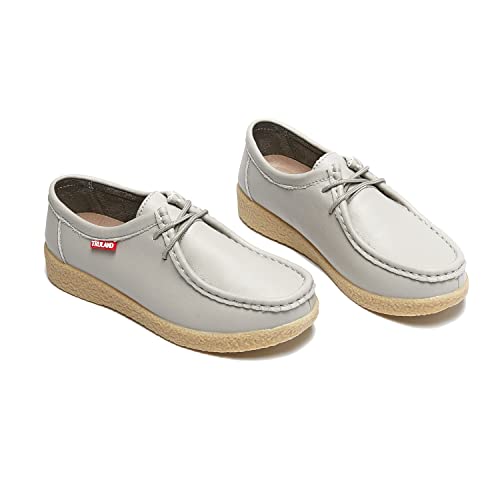 Image of TRULAND Women's Casual Moccasin Shoes - Suede Leather Lace Up Flat Wallabees Oxford Shoes, Light Grey Leather, 5.5 UK