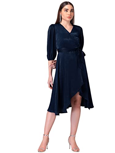Image of FabAlley Women's Navy Satin Wrap Midi Dress with Self Fabric Belt