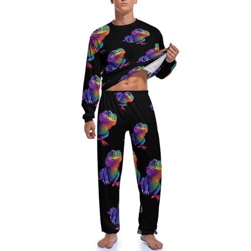 Colorful Bearded Dragon Mens Pajama Set Soft Long Sleeve Sleepwear Lounge Set Pjs3
