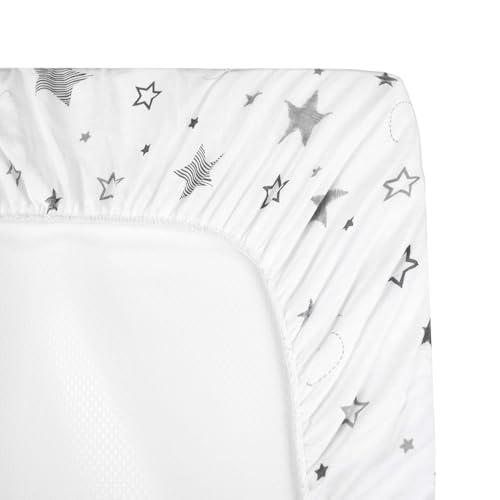 Image of American Baby Company 100% Natural Cotton Fitted Pack and Play Sheet 39 inch x 27 inch - Soft & Breathable Pack N Play Sheet for Playpen, Playard & Mini Crib Mattress, Super Stars, for Boys & Girls