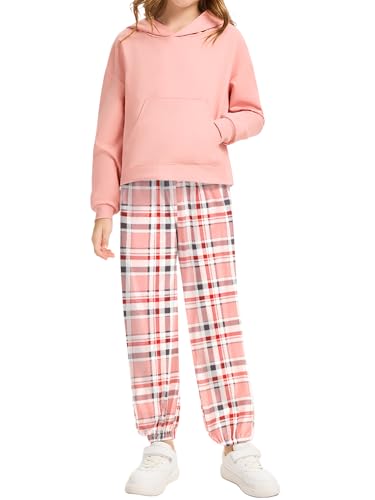 Image of AMAWMW Girls 2 Piece Outfits Fashion Hoodies Sweatshirts and Plaid Pants Girls Sweatsuit Sets, Pink, 7-8Years