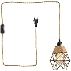 Lampara Cuerda Con Enchufe minifair Lámpara colgante de ratán, lámpara colgante con enchufe y cable de 4,5 m, pantalla vintage con cuerda de cáñamo, kit de soporte E27 para cocina, balcón, pasillo