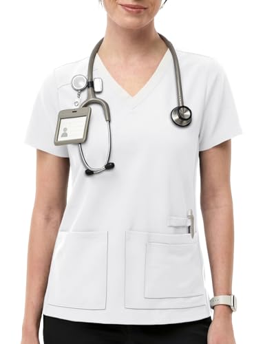 Tisfeer White Scrub Top Womens Summer V-Neck Short Sleeve Scrub Tops Comfort Fit Knit Panel Ladies Scrub Shirts with 3 Pockets L