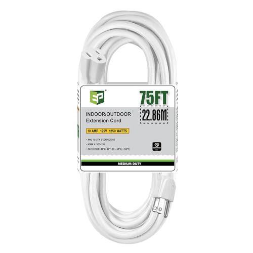 Image of EP 75FT Outdoor Extension Cord, 16 /3 SJTW Heavy Duty White, ETL Listed