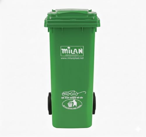 Image of Milan Plastic Manual-Lift Garbage Waste Dustbin with Wheels 120 Ltr Green