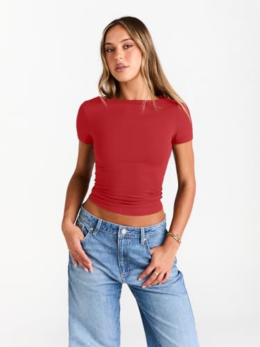 Image of Trendy Queen Womens Boat Neck Tops Short Sleeve Shirts | Compression Basic Tops,Y2K Aesthetic Slim Fit,Professional Business Casual, Polished Teacher Outfits