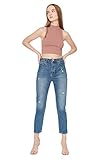 trendyol blue fraying detailed high waist mom jeans, 34 da donna