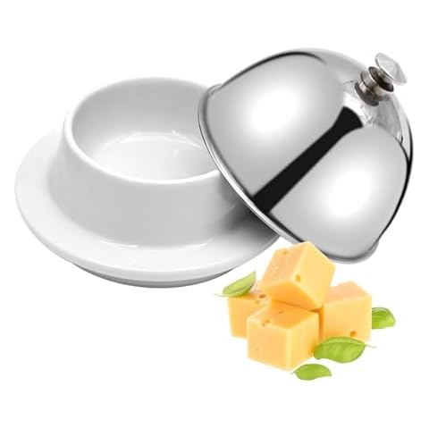 EATAKWARD Ceramic Butter Dish with Stainless Dome Cover, Cheese Dish with Lid, Small Cheese Plate Serving Tray with Silver Handled Lid for Countertop, Dessert, Cupcake, Cream Cake, Appetizer Cover