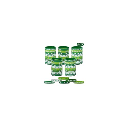 TRWWELL 40pcs St. Patrick's Day Rubber Bracelets Silicone Wristbands Green Shamrock Irish Stretchy Silicone Bracelet for Women Men Party Favors Supplies Decoration