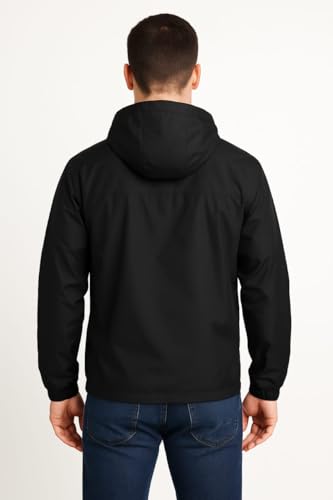 Image of Nephar Men's Waterproof Hooded Zip Rain Jacket - Lightweight Black Windcheater for Daily Wears & Outdoors