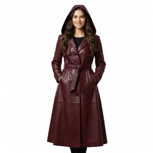 Lambskin Leather Black Hooded Leather Coat For Women - Trench Design Women Winters Coat Long Hoodie (US, Alpha, XX-Large, Regular, Regular, Burgundy Lambskin Leather Coat)