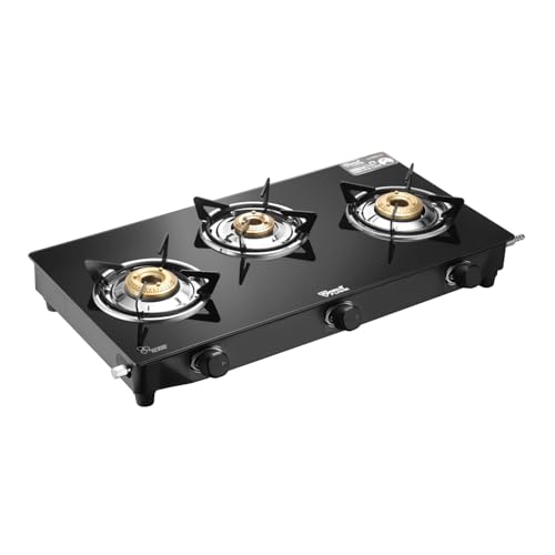 Image of 3 Burner Cute Gas Stove | Manual Ignition | 6mm ISI Approved Toughened Glass | Nylon Knobs | Brass Plated CI Burners | Anti Scratch Pan Supports | Die Cast Tube|Black Cooktop