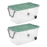 Ratiyae 160 Quart Wheeled Storage Box, Extra Large Durable Clear Plastic Bin, Latch Lid, Lt Green, 2 Count