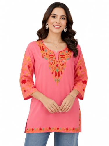 Image of HAUTEMODA Women Cotton Floral Embroidered Short Kurti, Tunic, Three-Fourth Sleeves, White