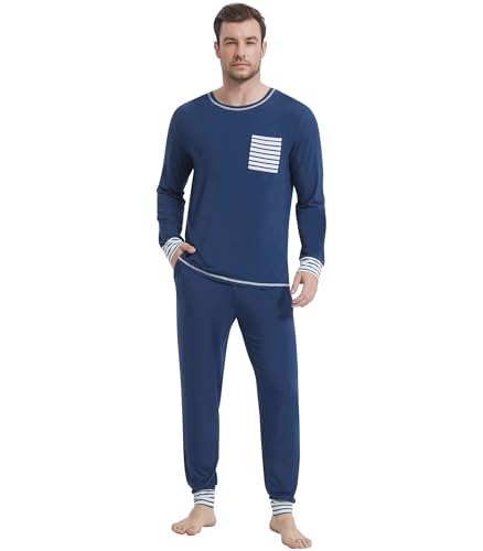 Image of NACHILA Mens Pajamas Set Long Sleeve Henley Sleepwear Top Soft Jogger Pants Pajamas Cool Pjs Set,Viscose Made from Bamboo