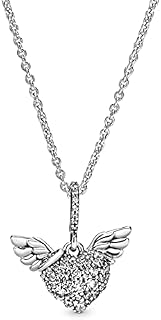 Pandora Moments Women's Sterling Silver Pavé Heart and Angel Wings Cubic Zirconia Pendant Necklace, 45cm