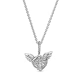 Pandora Jewelry Pave Heart and Angel Wings Cubic Zirconia Necklace in Sterling Silver, 17.7'