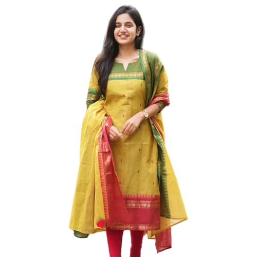 Image of TWINLIGHT Women's Kanchi Cotton Jaquard Work Kurta and Dupatta Set with V Neck 3 /4 Sleeves Straight Calf Length Kurti and Jaquard Work Border Dupatta