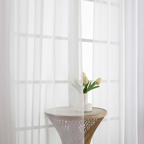 Image of Chyhomenyc Extra Long White Sheer Curtains 108 Inches Long 2 Panels, Light Filtering White Curtains for Living Room, Soft Gentle Voile Rod Pocket Bedroom Window Drapes, 59Wx108L Inch, 9FT, 2PCS