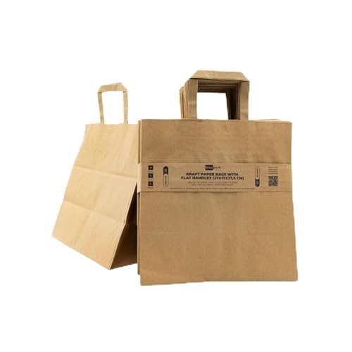 BICAPACK - 25 Bolsas de Papel Kraft con Asas Planas (27x17x27 cm) | Papel 110g/m² | Ecológicas y Versátiles