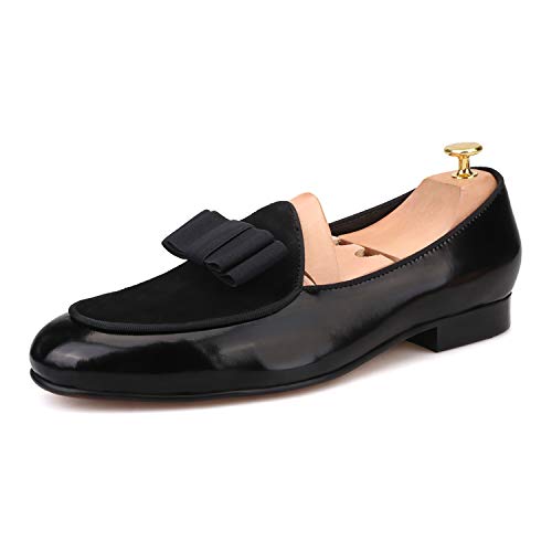 HI&HANN Men's Velvet and Nubuck Leather Stitching with Bowtie Flats Shoes Slip-on Loafer Smoking Slipper2