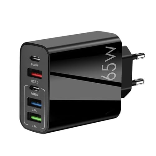 Cargador USB C Múltiple 65W 5 Puertos con Carga Rápida PD20W PD15W y QC3.0 Adaptador Compacto para iPhone Samsung Huawei Google Pixel iPad Teléfonos y Tabletas
