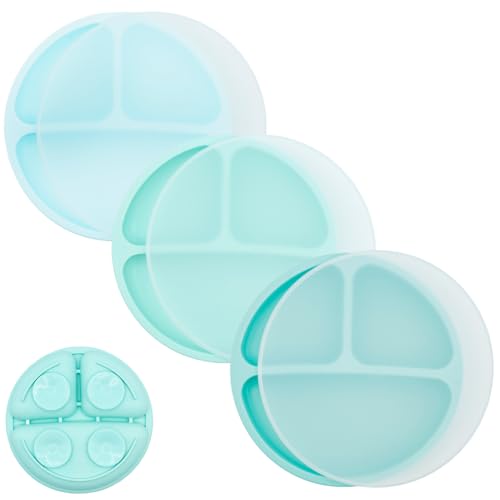 Image of WeeSprout Suction Plates for Babies With Lids & Toddlers - 100% Silicone, Dinnerware Stays Put, Divided Design for Picky Eaters, Microwave & Dishwasher Friendly, 3 Pack