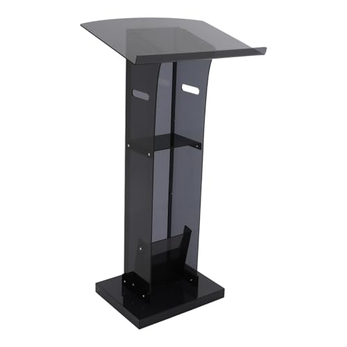 Altura de 110 cm, acrílico, podio, atril de pie, con plataforma de lectura ancha de 60 x 45 cm y estante de almacenamiento, escritorio de pie de acrílico, color negro, púlpito, podio para bodas, aulas