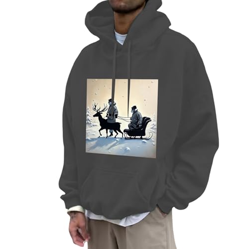 Mens Hoodies Santa Claus Reindeer Print Christmas Sweatshirts Loose Fit Lightweight Xmas Pullover Tops Casual Shirts